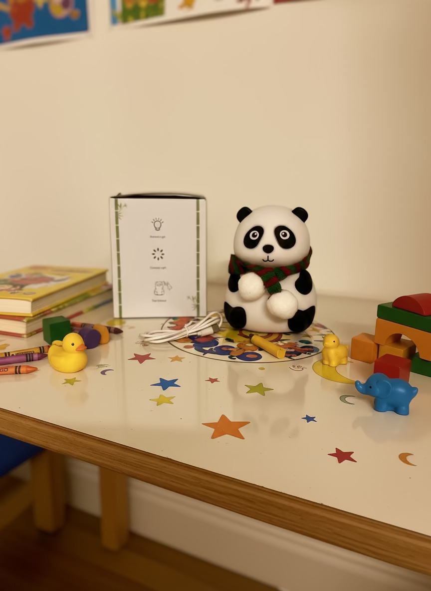 Panda-shaped night light with packaging and USB cable on a white surface